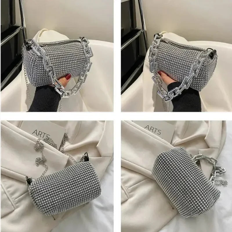 Allover Rhinestone Bucket Bag, Glitter Chain Prom Purse, Women's Mini Crossbody Bag