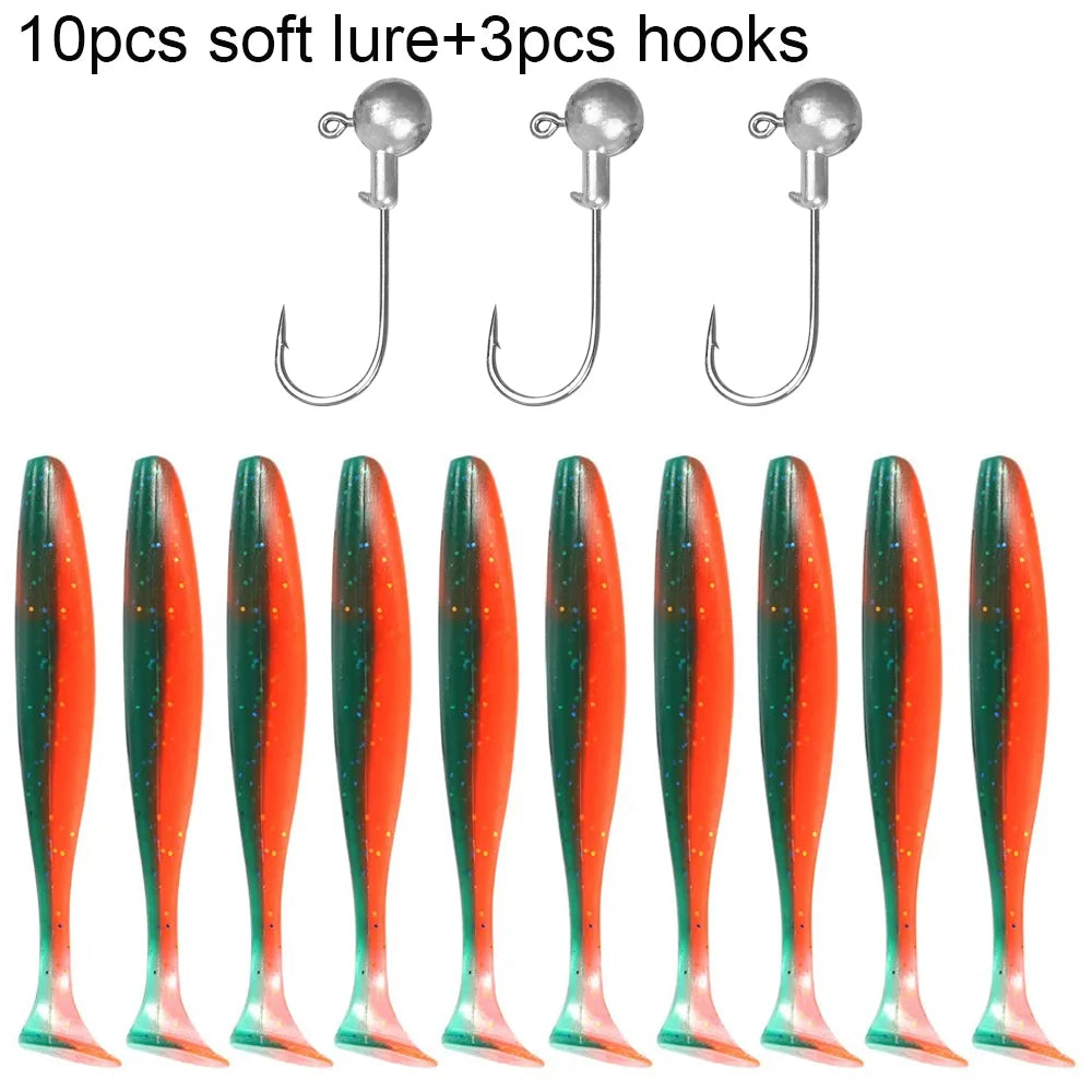 10PCS Soft Lure 5.5cm 7cm 10cm T Tail Worm 3PCS Jigging Head Hook 3g 5g 10g Metal Jig Carp Fishing Pesca Swimbait Gear Kit Bait