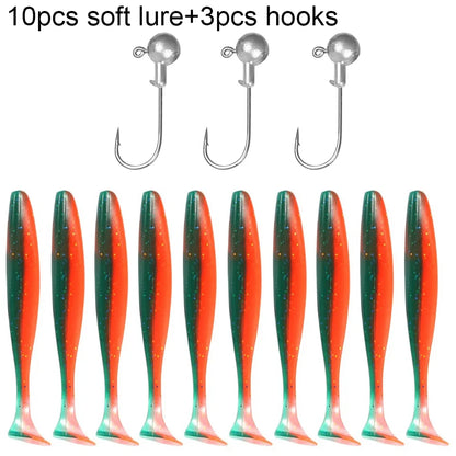 10PCS Soft Lure 5.5cm 7cm 10cm T Tail Worm 3PCS Jigging Head Hook 3g 5g 10g Metal Jig Carp Fishing Pesca Swimbait Gear Kit Bait