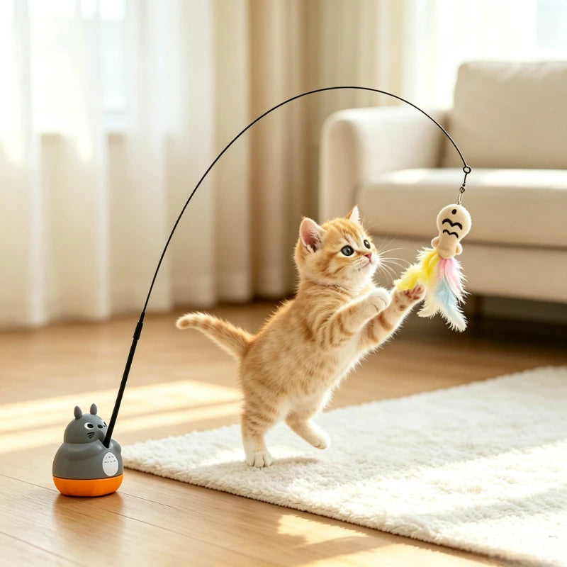 Rotating Base Cat Teaser Wand Long Steel Wire Feather Cat Toy Interactive Stress Relief Play Toy for Kitten Indoor Exercise