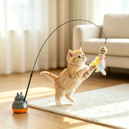 Rotating Base Cat Teaser Wand Long Steel Wire Feather Cat Toy Interactive Stress Relief Play Toy for Kitten Indoor Exercise