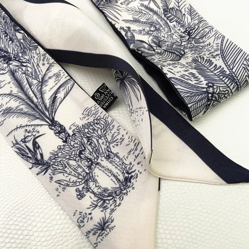 120*5cm Plant Jungle Printed Scarf for Women's Spring Summer New Model Emulated Silk Streamer Fashionable Retro Hairband Streame