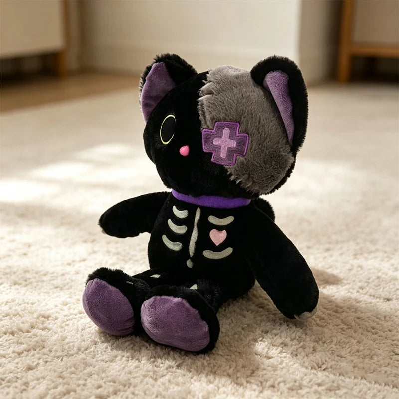 35cm Kawaii Black Serie Skeleton Cat Soft Plush Toy Creative Stuffed Animal Fluffly Gothic Skull Kitten for Kids Halloween Gifts