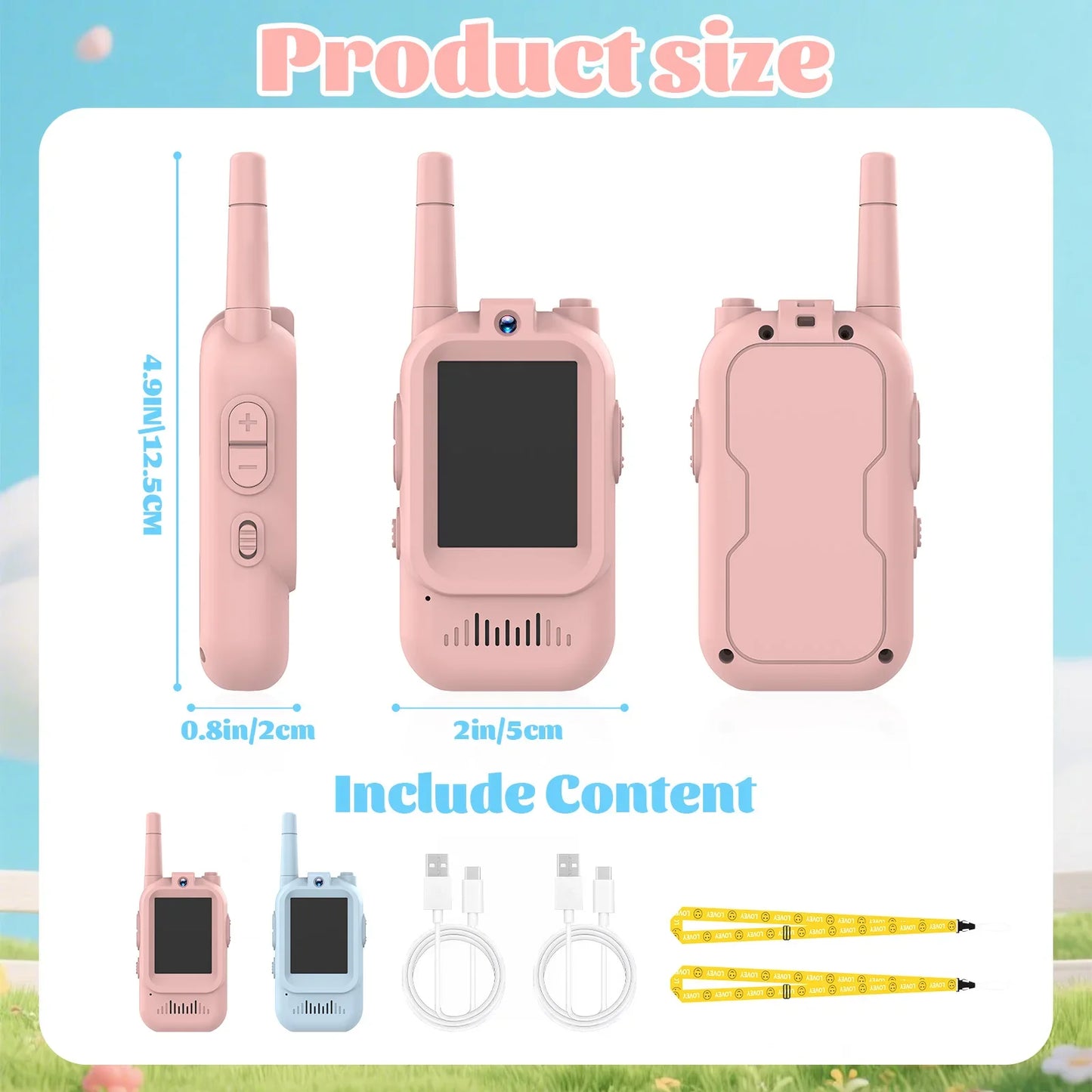 2 Pack Kids Walkie Talkies with Video, Rechargeable, Portable Play Toy, Gift for Camping Travel, Boys Girls 3-12