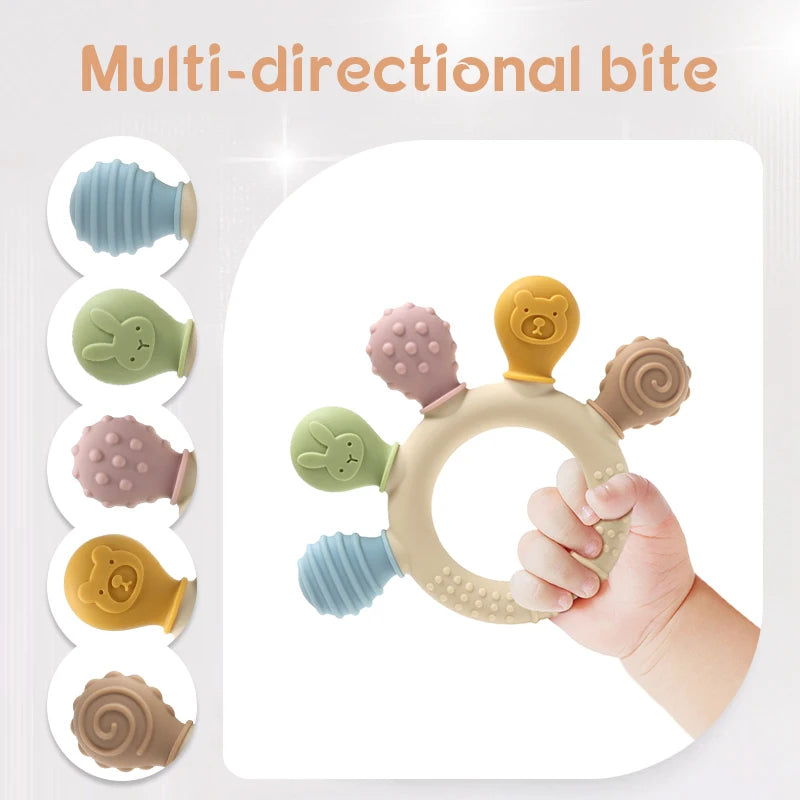 New Hand Multicolor Silicone Baby Ring Teether Anxiety Teething Toys 0-12 Months Chew Beads Sensory Gum Relief Soother Baby