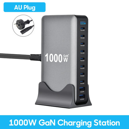 1000W 10-Port GaN Desktop Adapter 140W PD Fast Charging for MacBook Pro Laptop, 100W for Phone Tablet, Multi Port USB Hub Statio