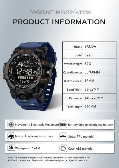 SANDA Men Outdoor Sports Watch Waterproof LED Analog Digital Show Multifunction Big Dial Electronic Wristwatch G style Male Cloc