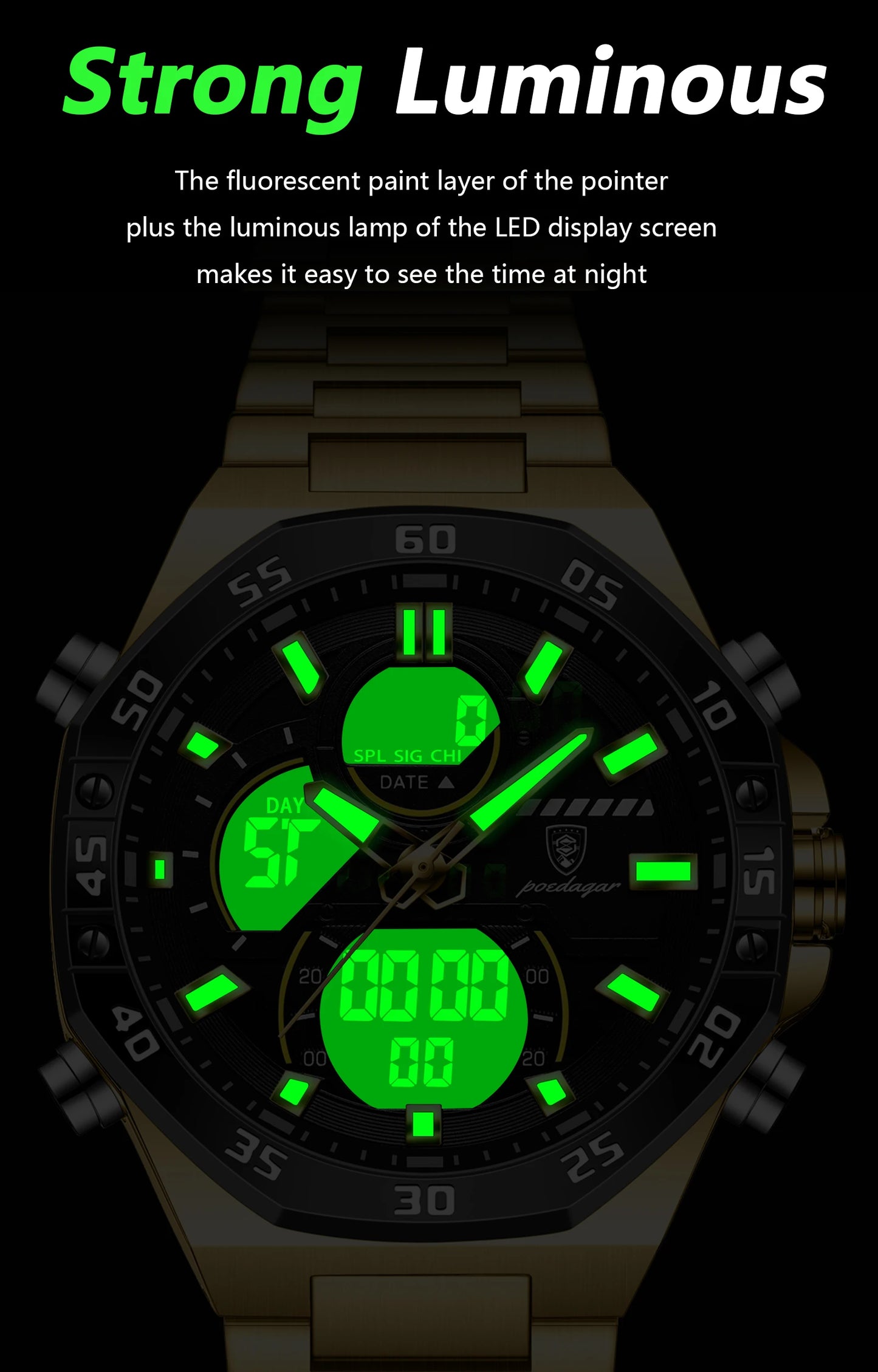 POEDAGAR Top Men Clock LED Luminous Waterproof Week Date Military Man Wristwatch Electronic Stainless Steel Quartz Men's Watches