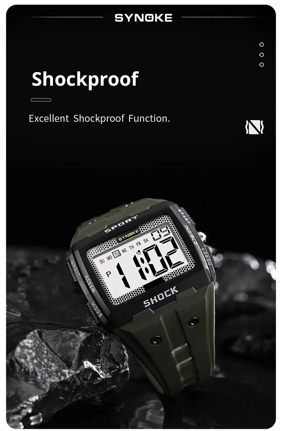 SYNOKE New For Men Sports Electronic Watch Waterproof Night Glow Large Screen Square Outdoor Running Camping Student Watch