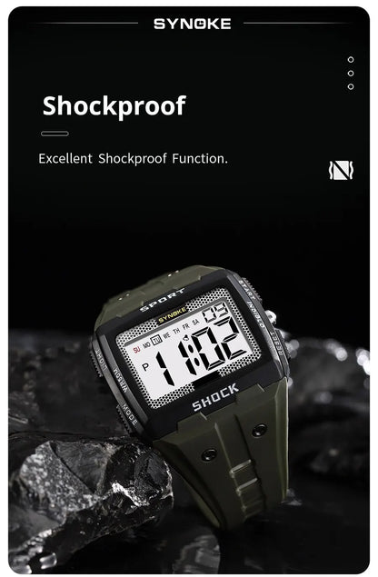 SYNOKE New For Men Sports Electronic Watch Waterproof Night Glow Large Screen Square Outdoor Running Camping Student Watch