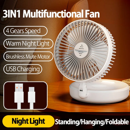 2024 New Rechargeable 3IN1 Multifunctional Portable Fan Wall Mounted Fan 90° Folding Fan 4 Gears With Warm Night Light