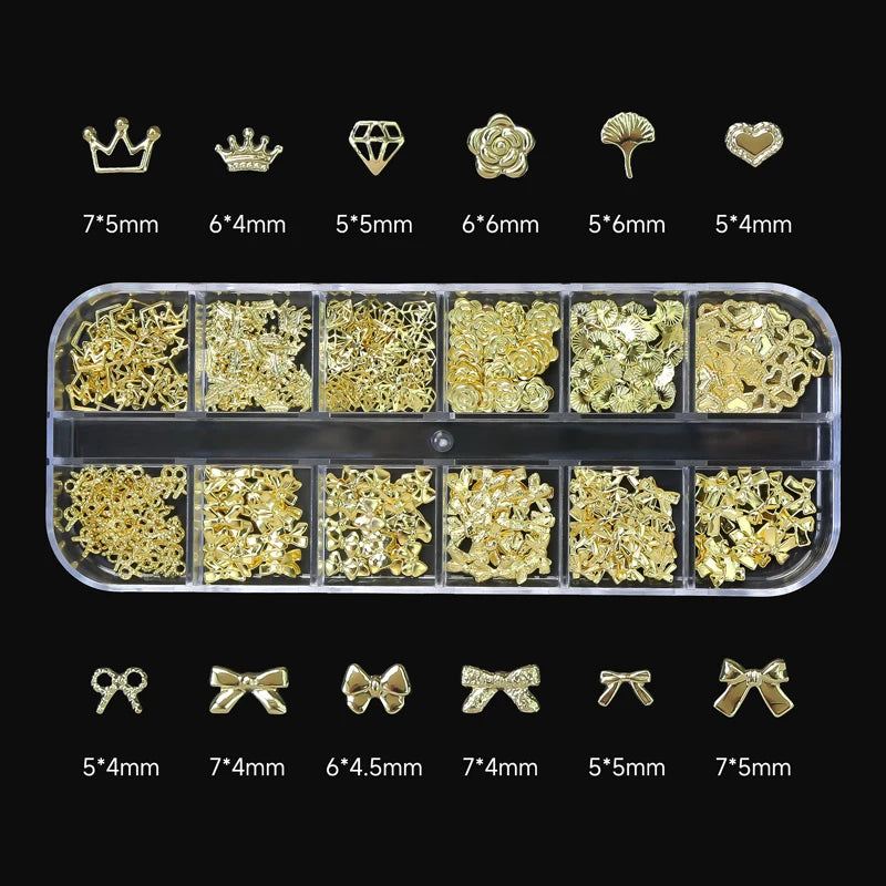 12Grid 3D Gold Ocean Rivet Nail Charms Mixed Seahorsea/Starfish /Conch Pearl/Mini Caviar Beads/Rhinestone Nail Jewery Decoration