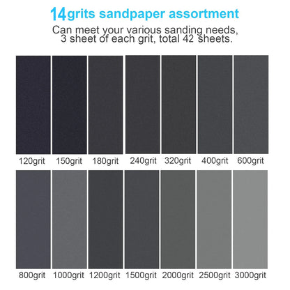 42-Piece Pack of Dry and Wet Sandpaper, 120 to 3000 Grit Combination, 9X 3.6inch, Suitable for Car Polishing, Wood Furniture Processing, and Woodworking Carving, Etc