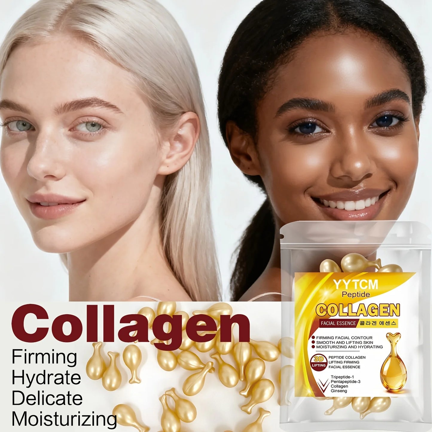 Polypeptide Collagen Essence Capsules, Moisturizing and Firming Essence, Smooths Skin, Contains Squalane, Fullerene, Ginseng Extract, Deep Hydration (0.34Gx30 Capsules)/Bag-1 Bag