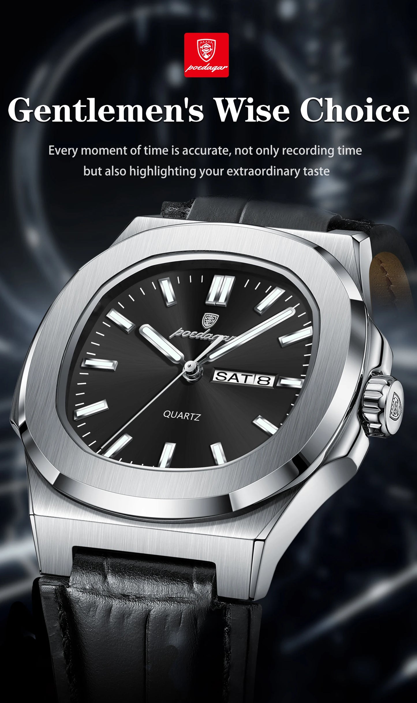 POEDAGAR Square Wristwatch For Men Luminous Waterproof Week Calendar Luxury Man Clock Leather Quartz Fashion Men's Watches Reloj