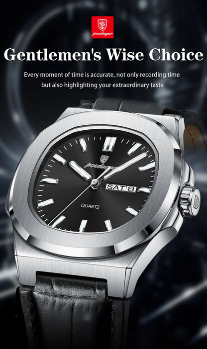 POEDAGAR Square Wristwatch For Men Luminous Waterproof Week Calendar Luxury Man Clock Leather Quartz Fashion Men's Watches Reloj