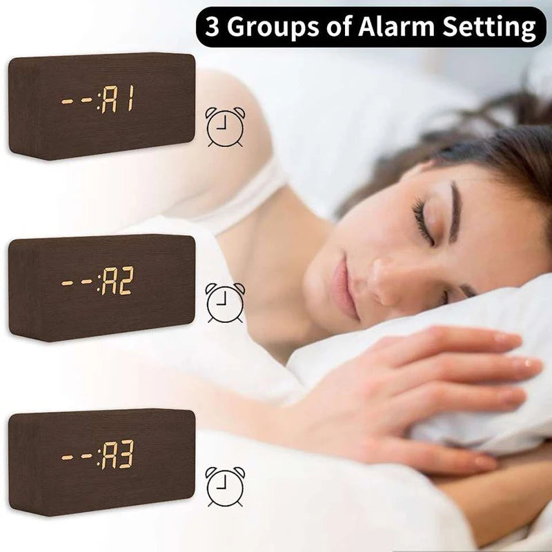 Wooden Digital Alarm Clock, LED Alarm Clock with Temperature Desk Clocks for Office,Bedside Clock