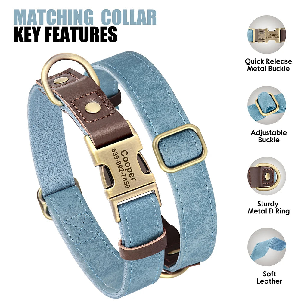 Personalized Dog Collar Leash PU Leather Dog Collars With Walking Lead Rope Free Custom Pet ID Necklace for Small Large Dogs Pug