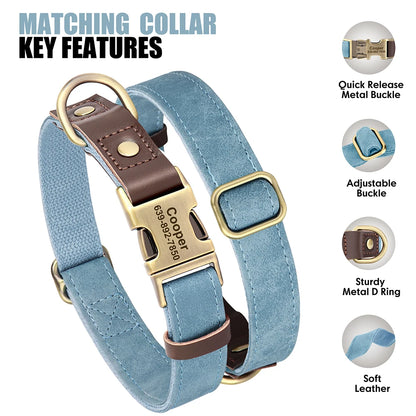 Personalized Dog Collar Leash PU Leather Dog Collars With Walking Lead Rope Free Custom Pet ID Necklace for Small Large Dogs Pug