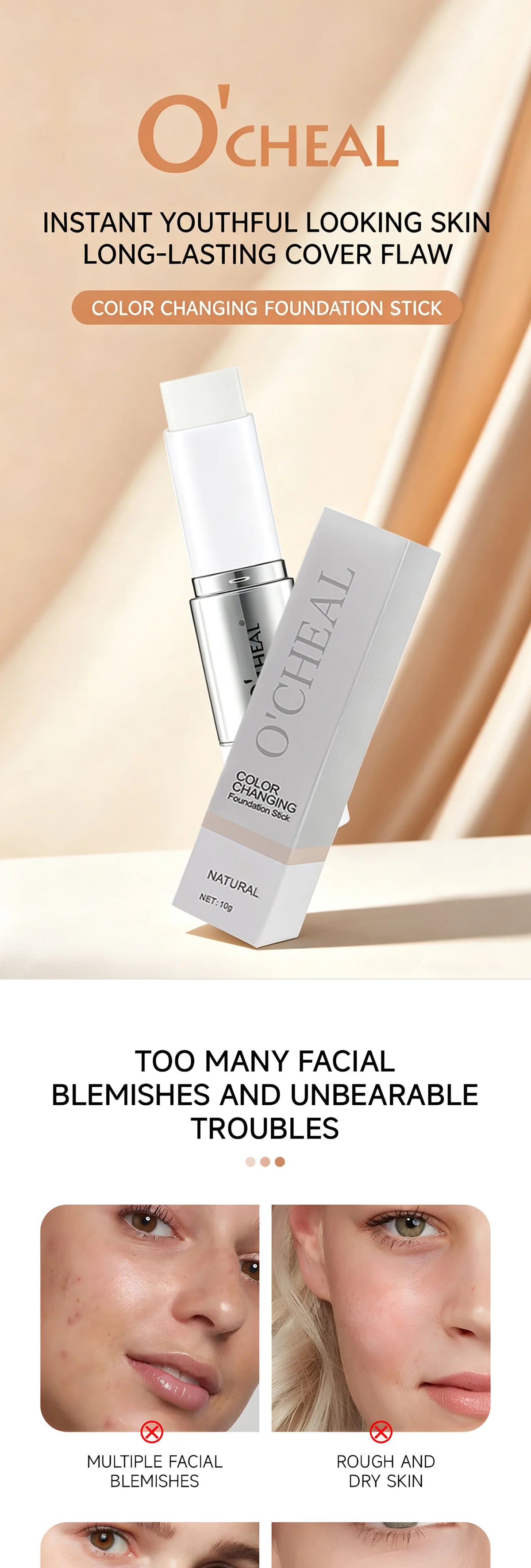 O'CHEAL Temperature Changing Foundation Stick Facial Coverage Blemishes Pores Double-Headed Face Matte Makeup Foundation Cream