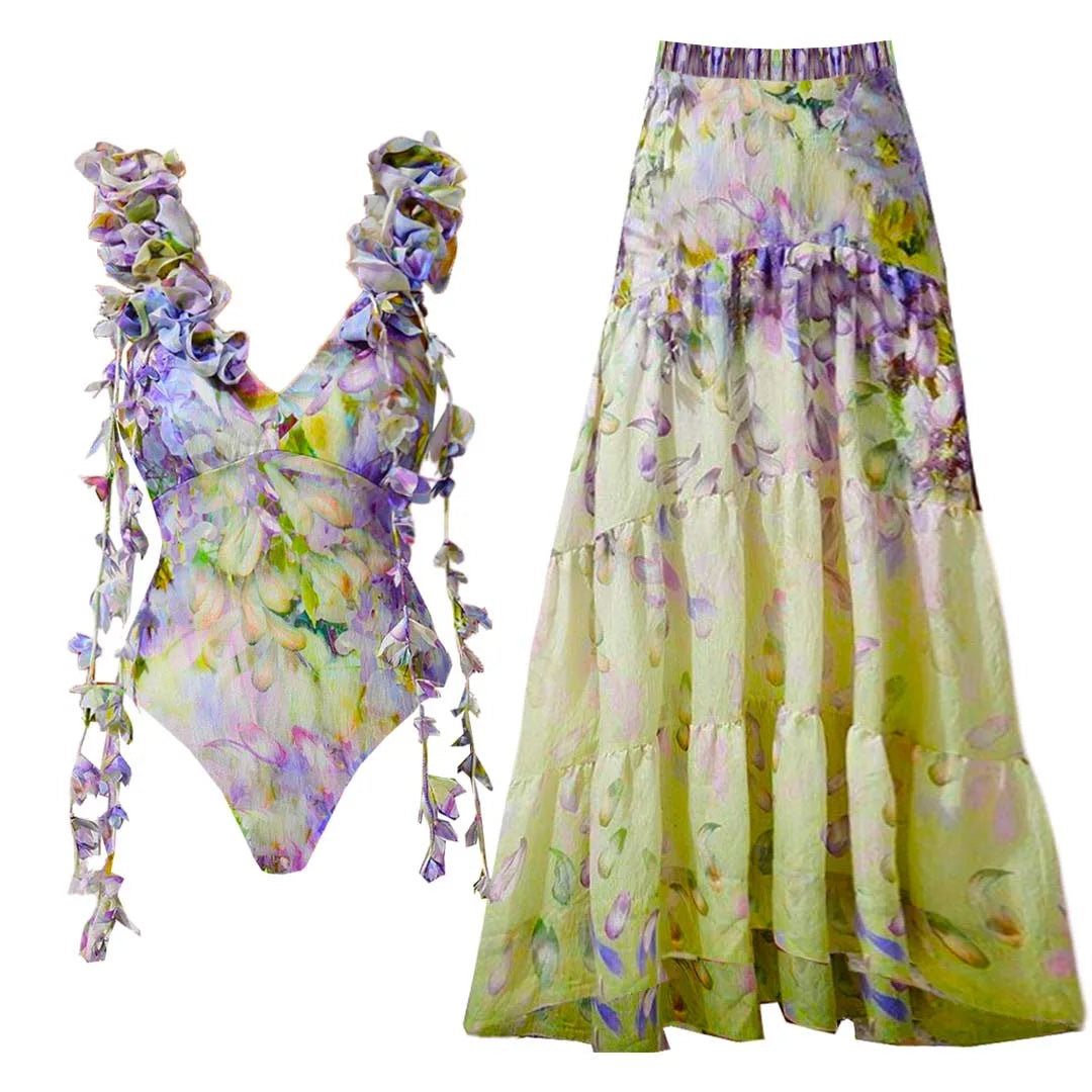 Blue One-Shoulder Ruffled Print Floral Swimsuit Set Cover Up Single Piece Micro Monokini Sexy Swimwear For Girls Summer Beach
