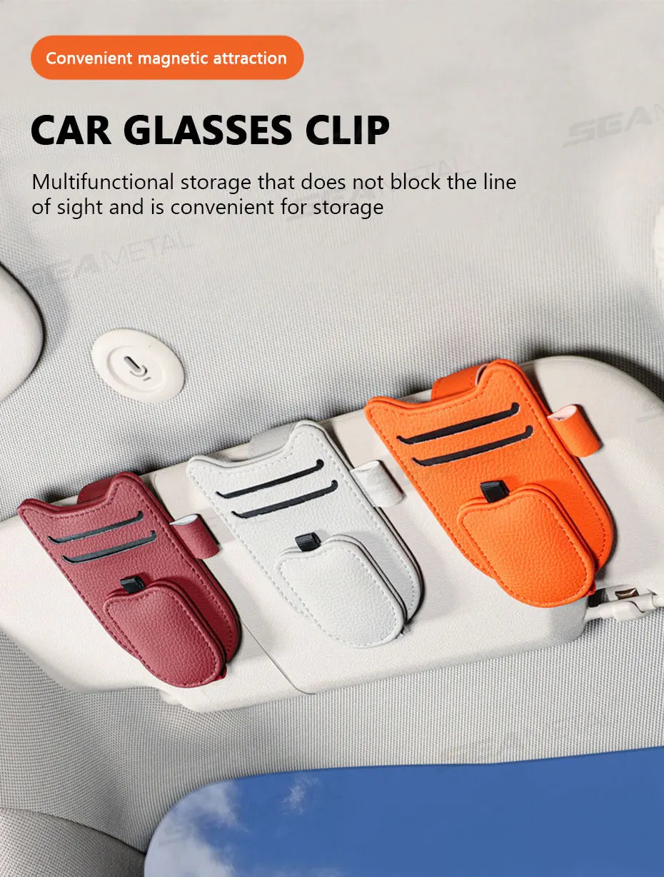 Car Sun Visor Glasses Holder Magnetic Eyeglasses Hanger Clip Luxury Leatherette Car Sunglasses Holder Mount Universal