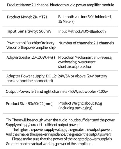 ZK-MT21 Channel Bluetooth 5.0 CS8673E 2.1 Subwoofer Amplifier Board 50W*2 +100W Power Audio Stereo Amplifier Board Bass AMP AUX
