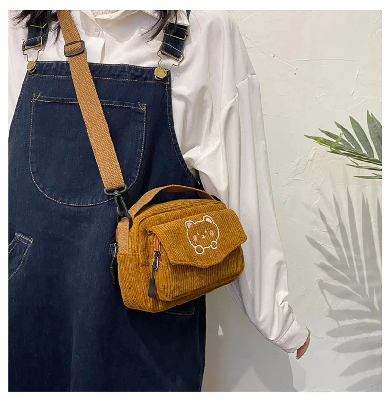 Personalized Teddy Bear Embroidered Diagonal Shoulder Bag, Corduroy Leisure Bag, WOMEN'S Crossbody Bag