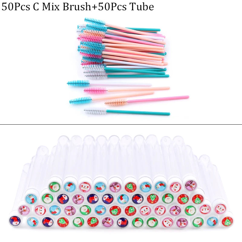 100/50pcs Christmas Eyelash Brush Tube Reusable Eyebrow Brushes Mascara Wand Dust-proof Storage Tubes Cosmetics Makeup Tools
