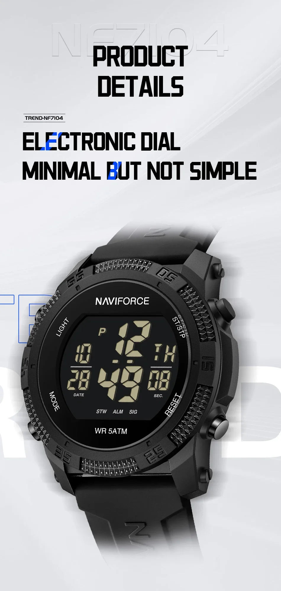 NAVIFORCE NF7104  Men's LCD Digital Casual Date and Week Alarm Waterproof Silicone Strap Electronic Watch