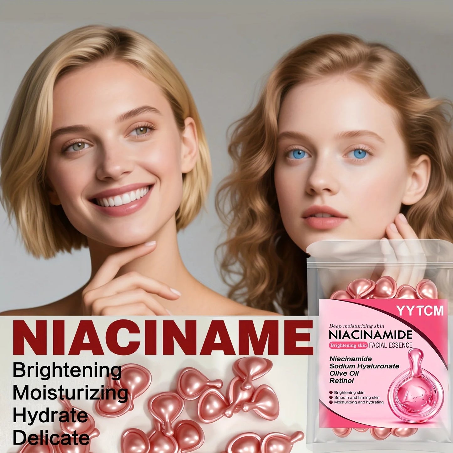 Niacinamide Facial Essence Capsules, Containing Retinol, Olive Fruit Oil, Gardenia Extract, Brighten Skin Tone, Moisturize and Hydrate, and Smooth and Soften Skin (0.5Gx30 Capsules)/Bag-1 Bag