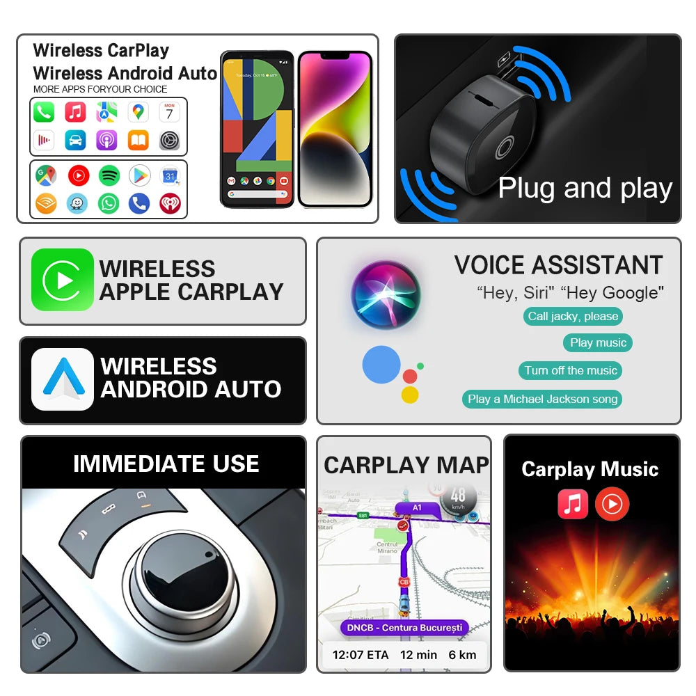 XUDA 2in1 Wireless CarPlay Adapter Android Auto AI Smart Box Car Intelligent Systems For VW Toyota Nissan Honda Ford Benz