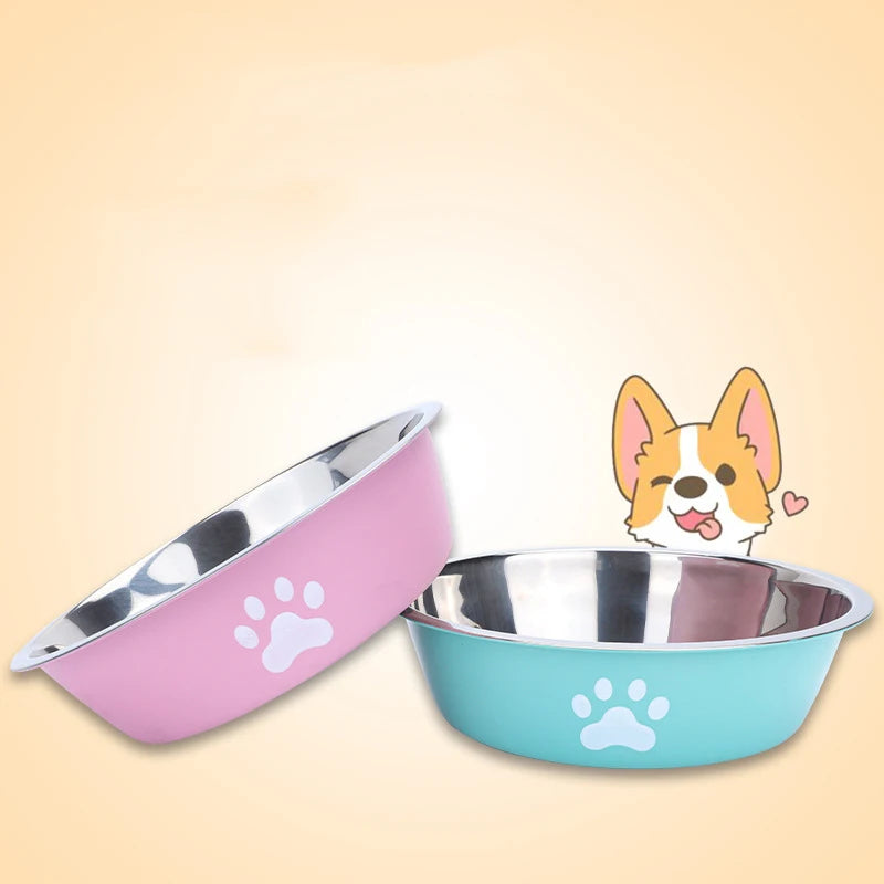 New Stainless Steel Dog Basin Paw Print Pet Supplies Cat Bowl Dog Bowl Silicone Anti-Slip Design Pet Drinking Water Feeding Bowl