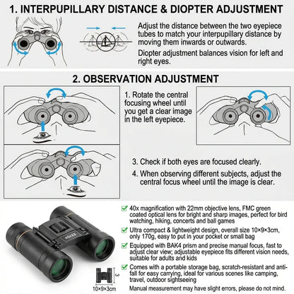 40x22 HD Binoculars with BAK4 FMC: 2000M Long Range Folding Mini Telescope, Ideal for Hunting, Sports, Camping & Travel