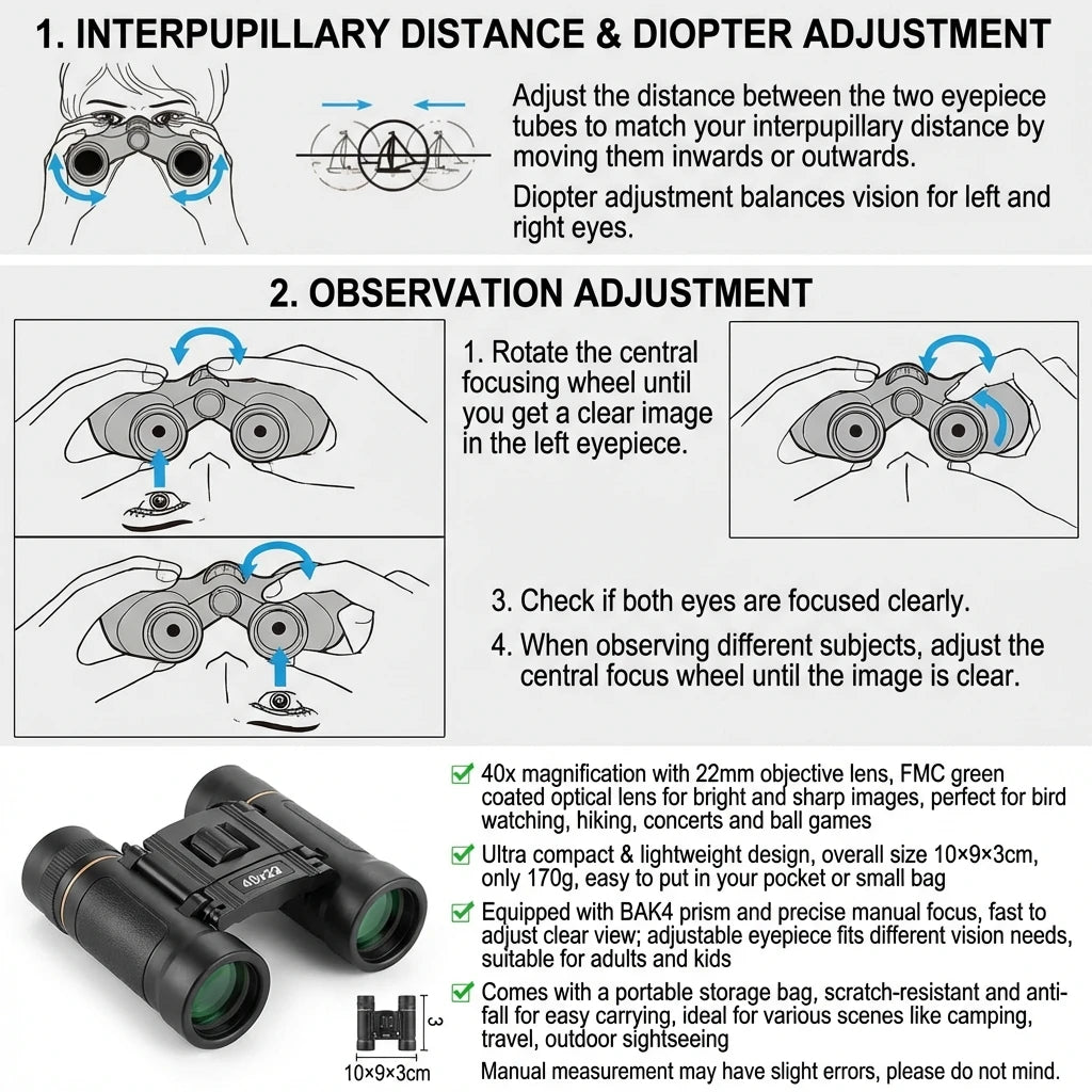 40x22 HD Binoculars with BAK4 FMC, Folding Mini Telescope with 2000M Long Range, Ideal for Hunting, Sports, Camping & Travel