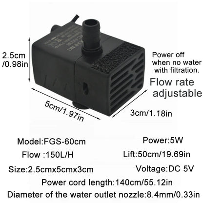 Ultra Quiet USB Aquarium Fish Tank Filtration Pump Mini Pet Fountain Submersible Adjustable Flow Water Circulation Pump 5V 5W