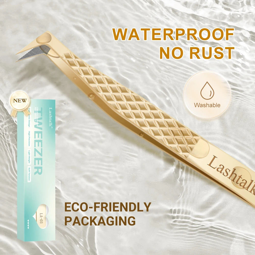 Lashtalk Precision Fiber Tip Tweezer Eyelash Extensions Diamond Grip Anti-Slip Premium Gold Stainless Steel Makeup With Box Pack