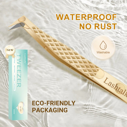 Lashtalk Precision Fiber Tip Tweezer Eyelash Extensions Diamond Grip Anti-Slip Premium Gold Stainless Steel Makeup With Box Pack