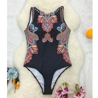 2026 New Printed One-piece Swimsuit Classic Printed Lace Up Swimsuit Women's Push Up Flower One-piece Suit Beach Wear For Female