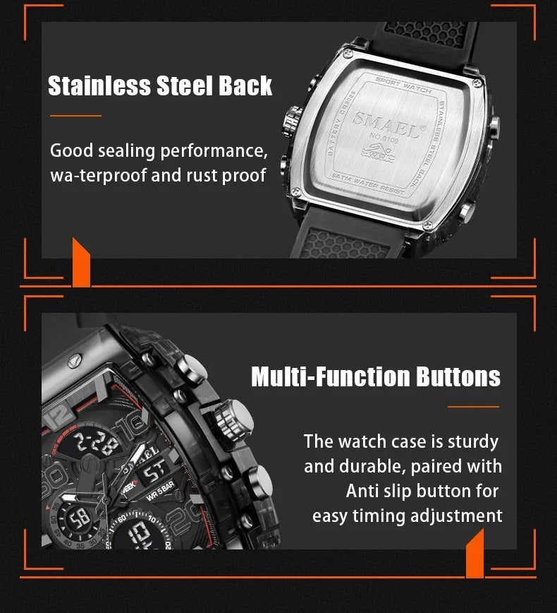 SMAEL 8109 Digital Watch Men Outdoor Sport 5ATM Waterproof LCD Electronic Male Quartz Watches for Men's Chronograph Wristwatch