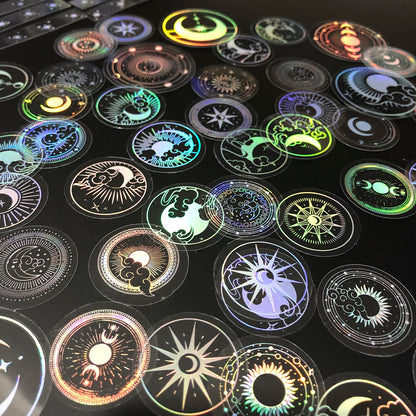 70 pcs Glitter Gold PET Adhesive Stickers Waterproof Transparent Label: SUN MOON Stars Etc