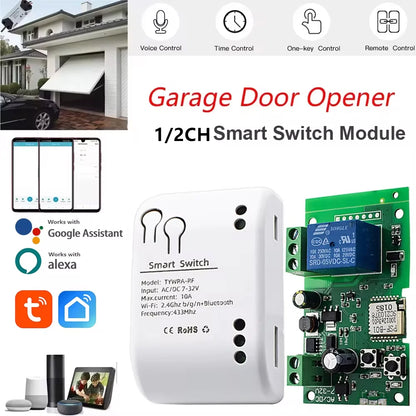 Tuya WIFI Smart Garage Gate Electric Door Access Motor Switch DC 12V 24V 32V AC 220V 1/2CH Pulse Relay Module RF433 Remote Alexa