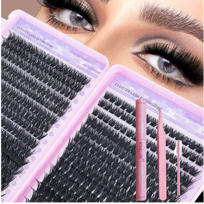 WINKLURE 720/200pcs Eyelash Extension Kit Fluffy Cluster Lash Kit with Lash Bond and Seal Lash Tweezers Thick Lash Clusters