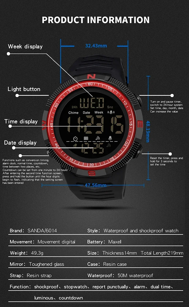 SANDA 6014 Countdown Waterproof Digital Mens Wristwatches Military Sport Watch for Men Clock Shockproof Relojes Para Hombre