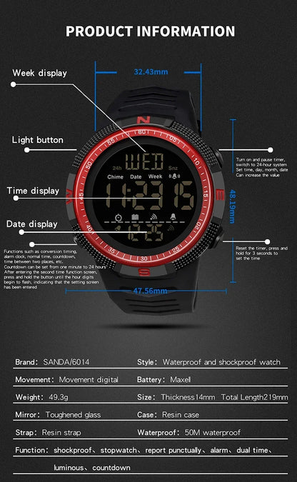 SANDA 6014 Countdown Waterproof Digital Mens Wristwatches Military Sport Watch for Men Clock Shockproof Relojes Para Hombre