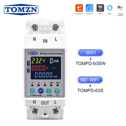 TOMZN 2P 63A 110V 220V Smart Life WIFI Switch kWh Metering Circuit Breaker Timer with voltage current and leakage protection