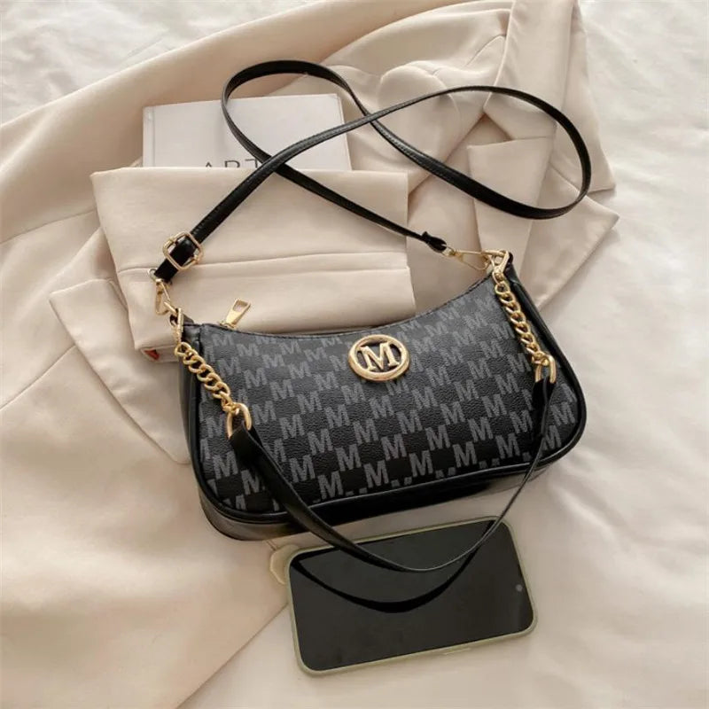 Vintage Style Handbag Crossbody Bag, Gold Letter 'M' Design Pu Leather Shoulder Messenger Bag, Synthetic Leather Tote Bag, Purse
