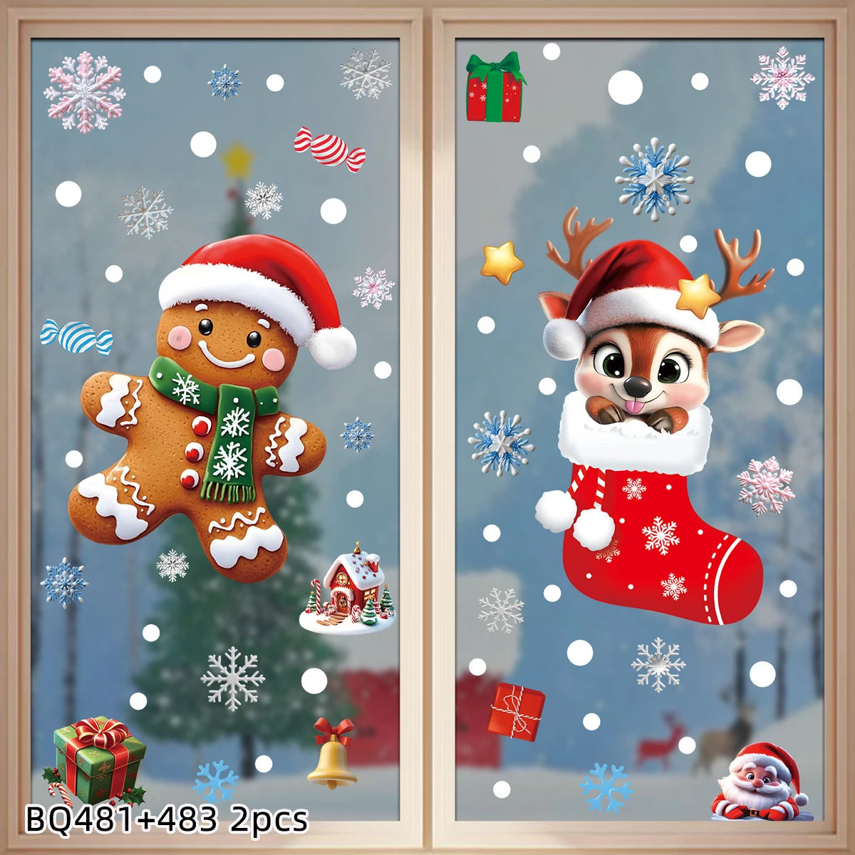 2025 Christmas Static Window Clings - Gingerbread Man Snowman Snowflake & Santa Claus Decals for Xmas Holiday Party Decorations