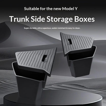 For Tesla Model Y Juniper Trunk Organizer Side Storage Box Boot Organizer Flocked TPE Mat Anti-dirty 2025 Car Travel Accessories