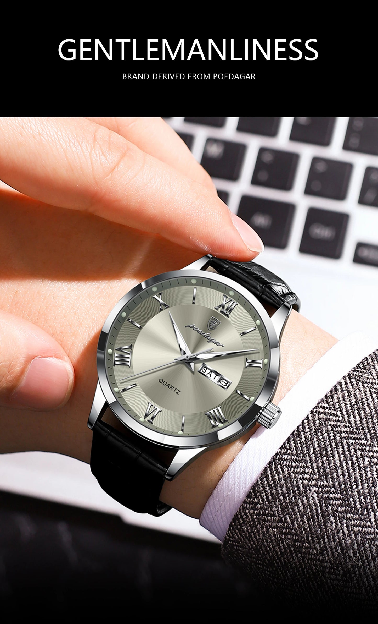 POEDAGAR Business Brand Men Clock Waterproof Luminous Date Week Fashion Man Wristwatch Leather Luxury Men's Quartz Watches Reloj